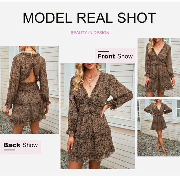 Leopard Print Spring Summer Deep V Neck Ruffle Long Sleeve Mini Dress - Picture 3 of 4